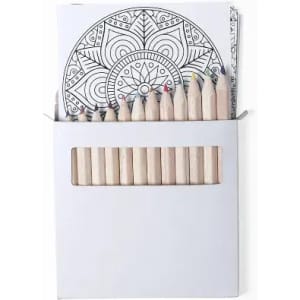 A box containing colouring pencils and a stack of colouring pages, featuring a decorative mandala design.