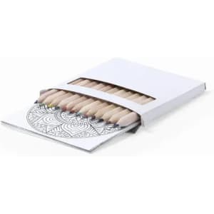 A colouring set with coloured pencils tucked into a white box, featuring an intricate design on the visible page.