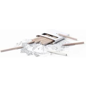 A set of colouring pencils in a box, scattered over a collection of intricate colouring sheets.