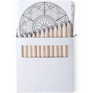 A colouring set featuring wooden pencils in a white box, alongside colouring sheets with mandala designs.