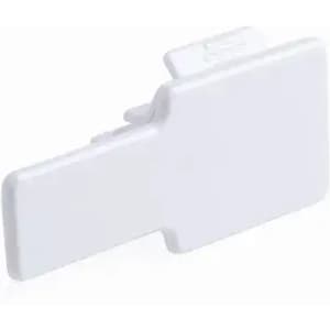 A white plastic clip with a rectangular shape, featuring a smooth surface and a simple design.
