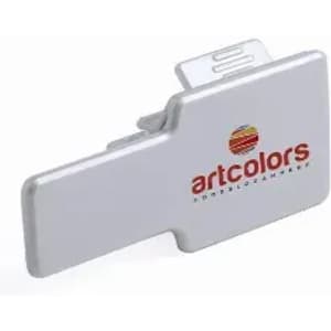 A white promotional product with a clip, featuring a logo on the front.