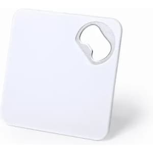 A white square drink bottle with a bottle opener feature and a logo on one side.