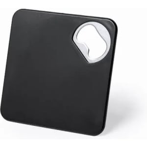 A black bottle opener with a square design and a circular opening for caps. It has a simple, minimalist style.