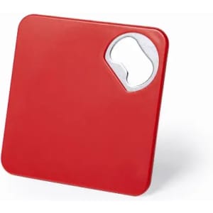 A red square bottle opener with a silver metal lever and a minimalist design. Features a logo.