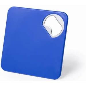 A blue drink bottle with a square shape and a metal opening. It features a logo on the surface.