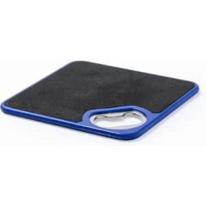 A square, blue mouse pad with a textured black surface and a thumb hole. It features a simple design.