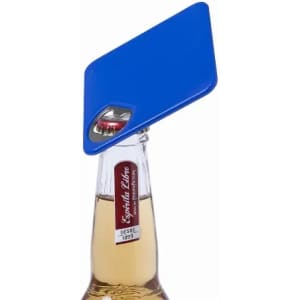 A drink bottle with a blue cap and a metal bottle opener attached, featuring a clear liquid inside.