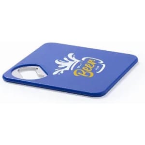 A blue coasters with a bottle opener and a logo design featuring beer splashes.