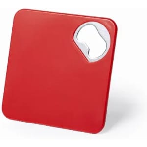 A red square bottle opener with a rounded cutout for opening caps, featuring a simple design.