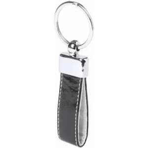 A keychain with a chrome finish and a black leather strap, featuring a circular ring for attachment.