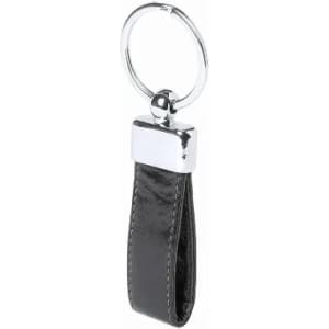 A keyring featuring a black leather strap with a shiny silver metal connector at the top.