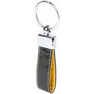 A keychain featuring a black leather strap with yellow stitching and a shiny metal ring.