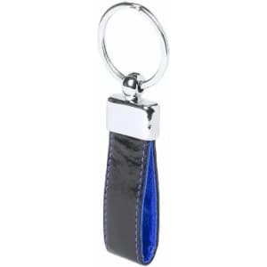 A keyring with a shiny silver metal attachment and a black and blue strap. It features a branding logo.
