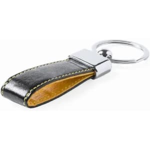 A keychain featuring a black leather strap with yellow stitching and a silver metal ring.