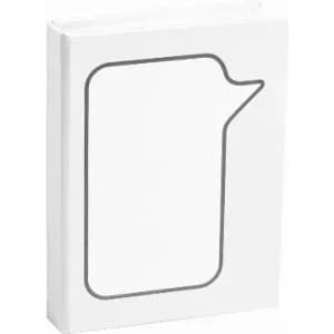 A notebook with a white cover featuring a simple outline of a speech bubble in grey.