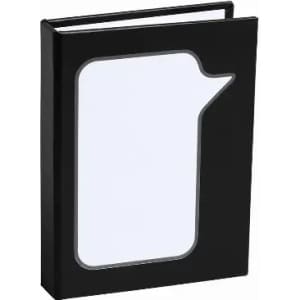A black binder featuring a minimalist design with a cut-out shape resembling a speech bubble.
