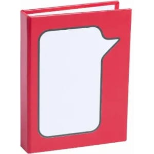 A red book with a speech bubble design on the front cover. It features a blank page for writing.