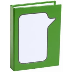 A green binder with a speech bubble cutout on the cover, featuring a blank white interior.