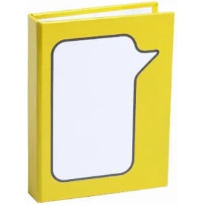 A yellow notebook with a speech bubble design on the cover and a white interior. It has a logo on the back.