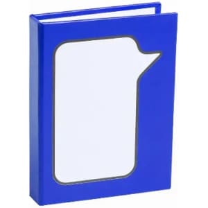 A blue book with a speech bubble design on the cover and a white inner page. It features a logo on the front.