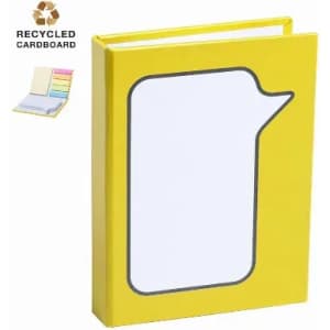 A yellow folder made from recycled cardboard featuring a blank speech bubble design. Includes various coloured pages inside.