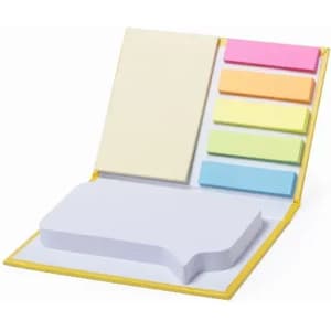 A notepad with various coloured sticky notes, including pink, yellow, and green, in a yellow cover.