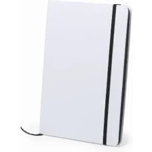 A notebook featuring a white cover, black elastic closure, and a black ribbon bookmark.