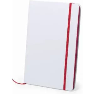 A notebook in white with a red elastic band and a red ribbon bookmark. It has a plain cover and no visible branding.