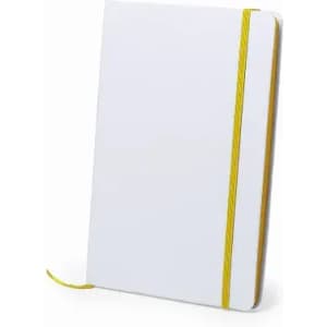 A notebook with a white cover and yellow elastic band, featuring a simple design.