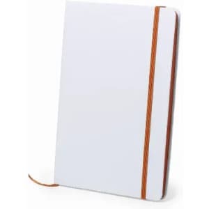 A notebook with a white cover and an orange elastic band, featuring a plain design.
