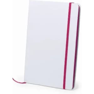 A notebook with a white cover and a pink elastic band closure. It features a pink ribbon bookmark.