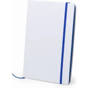 A notebook with a plain white cover and a blue elastic band, featuring a ribbon bookmark.