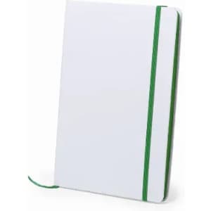 A notebook with a white cover and a green elastic band, featuring a ribbon bookmark.