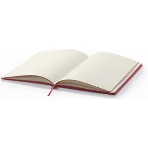 An open notebook with blank cream pages and a red cover, featuring a ribbon bookmark.