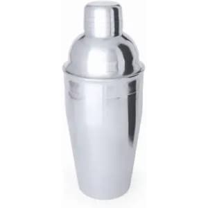 A drink bottle in a shiny silver finish with a classic shaker shape and a secure lid, featuring a logo.