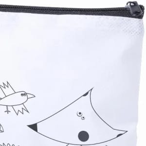 A white zip pouch featuring playful black line drawings of birds and geometric shapes. It has a black zipper.