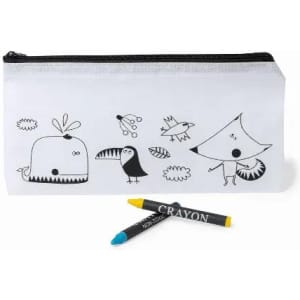 A pencil case in white with black illustrations of animals and two colourful crayons beside it.