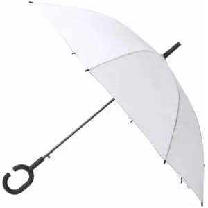 A white umbrella with a black handle and a curved grip, featuring a sleek design and a sturdy frame.
