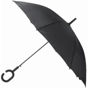 A black umbrella with a curved handle, featuring a sturdy frame and wide canopy for protection against rain.