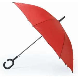 A red umbrella with a black handle, featuring a curved grip design. It has a sleek, minimalist style.
