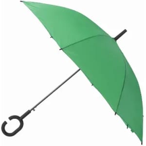 A green umbrella with a black handle, featuring a curved grip and a simple, classic design.