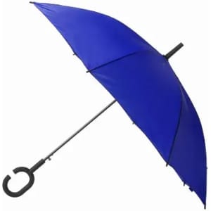 A blue umbrella with a black handle and a curved grip, featuring a simple design and no visible logo.