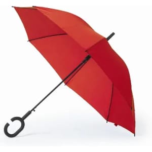 A red umbrella with a black handle and frame, featuring a sleek design and open canopy.