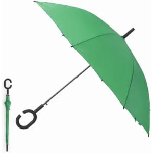 A green umbrella is partially opened next to a closed umbrella with a curved handle. The handle is black.