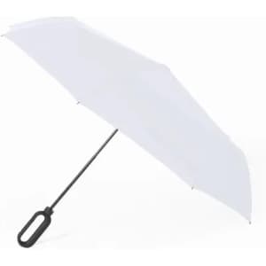 A white umbrella with a black handle, featuring a simple design and a sturdy structure.