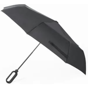 A black umbrella with a sleek design and a curved handle, featuring a central shaft and a unique folding mechanism.