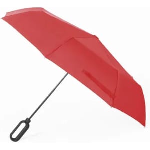 A red umbrella with a curved handle and a black shaft, featuring a simple design.