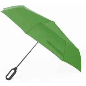 A green umbrella with a black handle, featuring a simple design and straight structure.