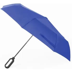 A blue umbrella with a black handle and a sleek design, featuring an internal logo.